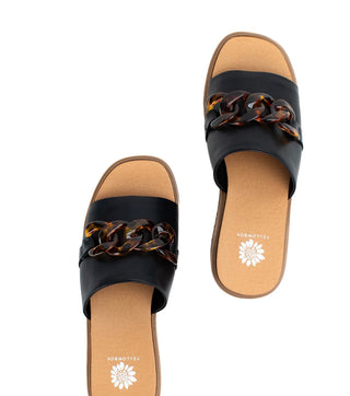 Minimal slide sandal with chunky hardware with square toe and high rebound padding.