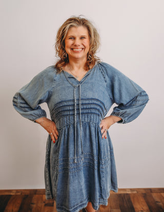 Puff sleeve washed denim dress