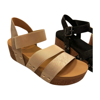 Picnic wedge sandal by Volatile in two colors, gold and black.