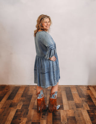 Puff sleeve washed denim dress