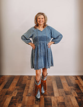 Puff sleeve washed denim dress