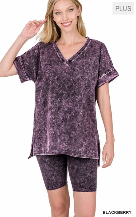 Mineral Washed V-Neck Top & Biker Shorts