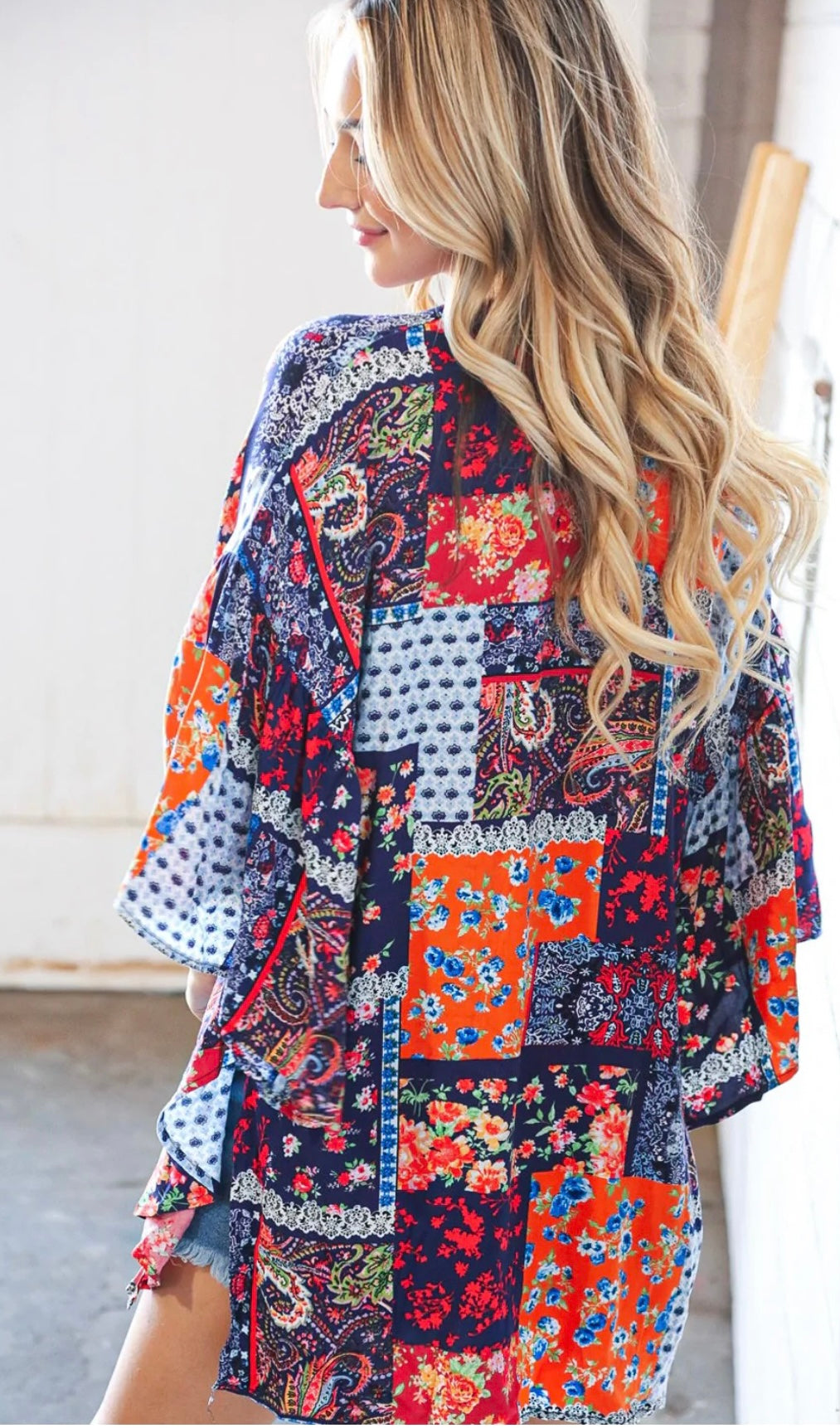 Navy & Orange Patchwork Floral Kimono