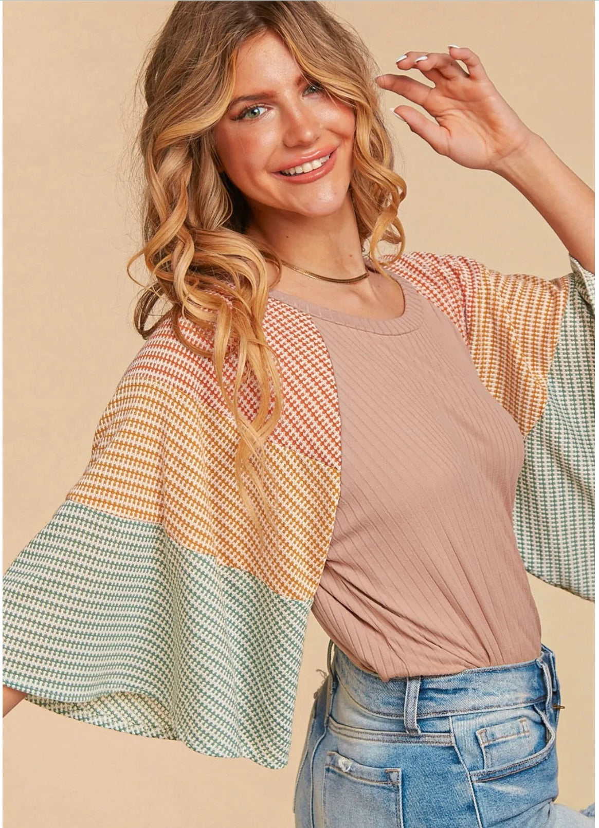 Rust, Mustard, & Olive Flutter Sleeve Top