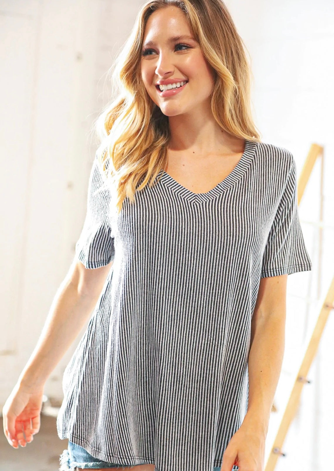 Grey & Black Vertical Stripe Top