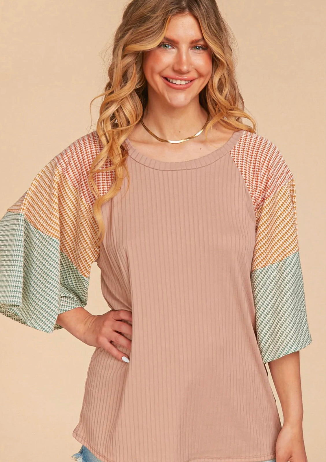 Rust, Mustard, & Olive Flutter Sleeve Top