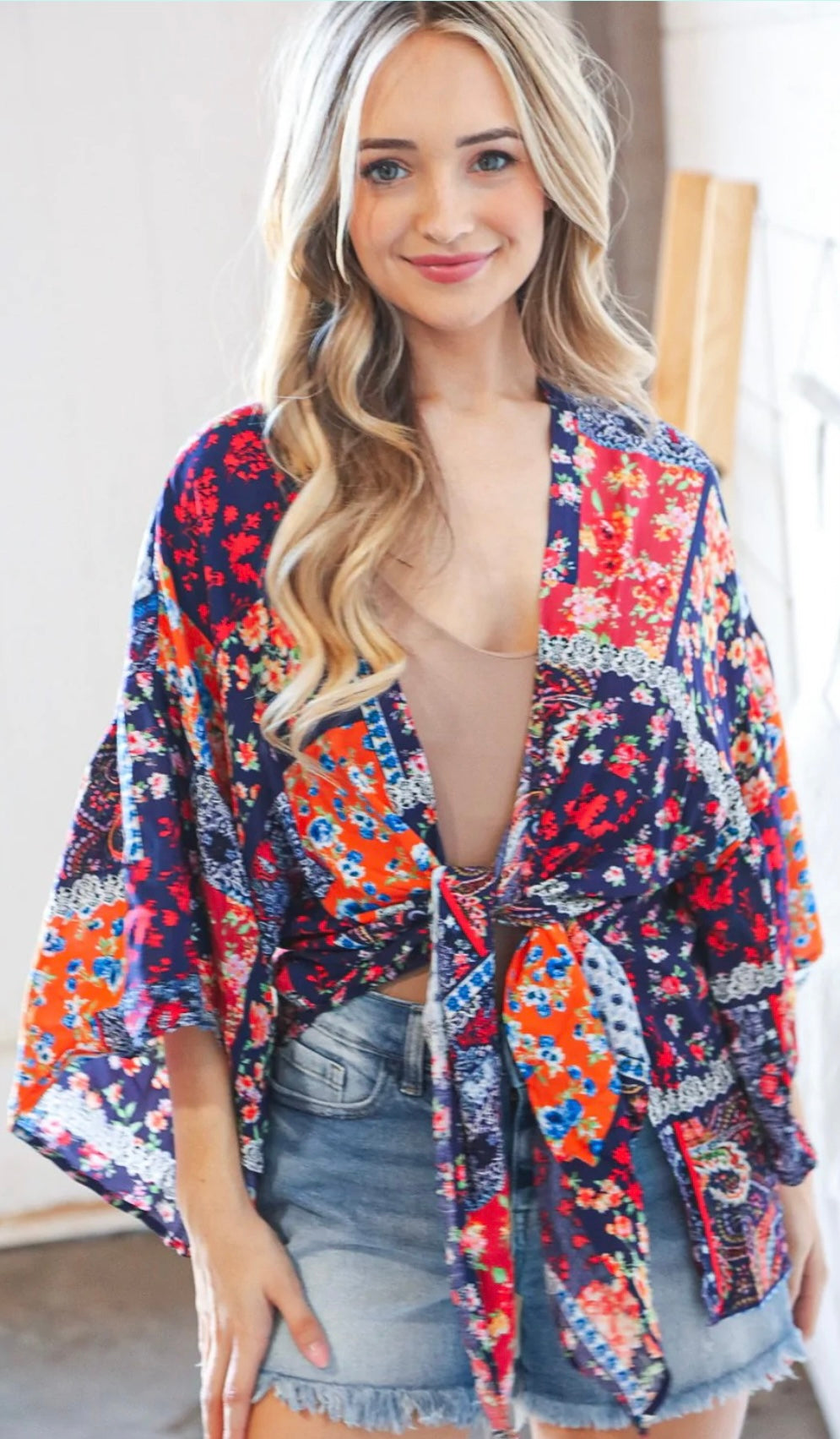 Navy & Orange Patchwork Floral Kimono