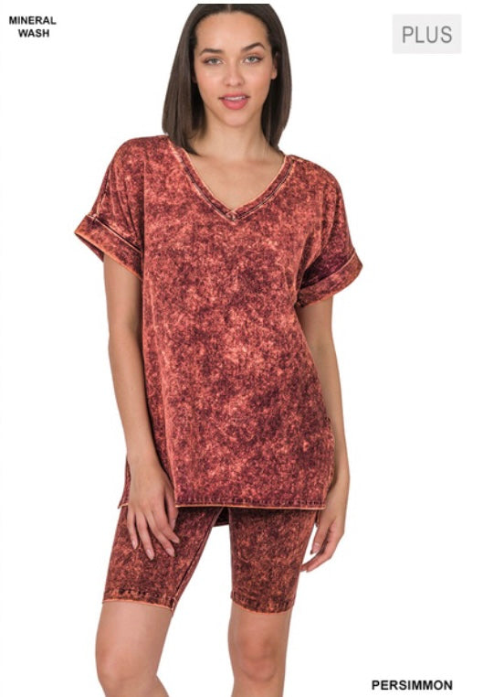 Mineral Washed V-Neck Top & Biker Shorts