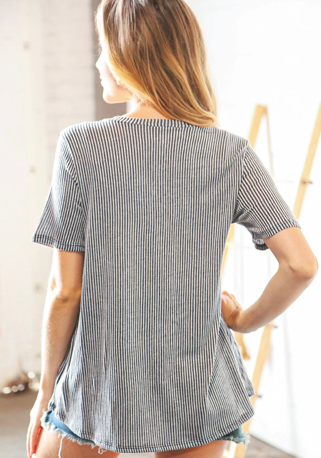 Grey & Black Vertical Stripe Top