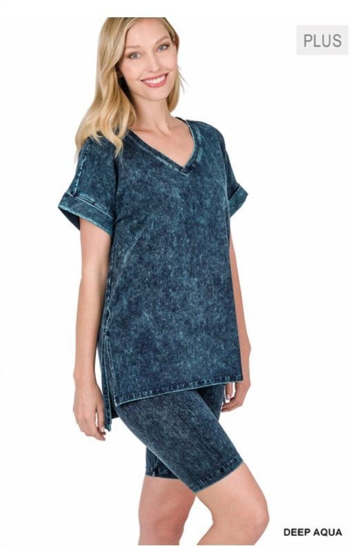 Mineral Washed V-Neck Top & Biker Shorts