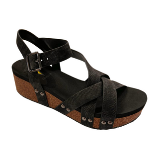 Sandcastle by Volatile is a faux leather multi strap sandal available in black and champagne. Sizes 7-11
