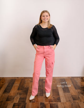 High waist garment dyed straight fit cargo jeans in cotton candy pink by Judy Blue.