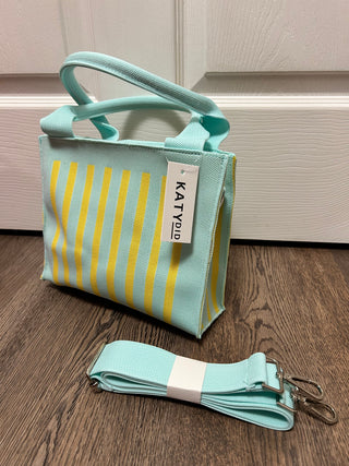 Striped structured mini tote in hot pink and mint