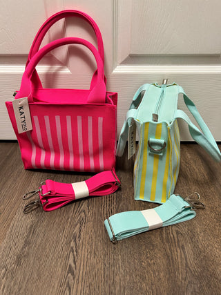 Striped structured mini tote in hot pink and mint