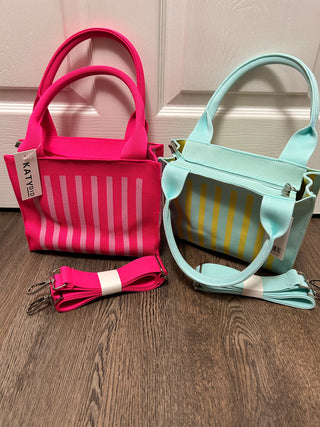 Striped structured mini tote in hot pink and mint