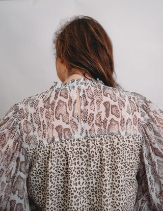 Effortlessly elevate your wardrobe with our Animal Print Blouse. This versatile piece features a button closure at the back of the neck for a secure fit, puffy sleeves with stretch at the wrist for added comfort, and intricate embroidery detail at the neck and chest for a touch of sophistication. Perfect for any occasion, add this blouse to your collection today.