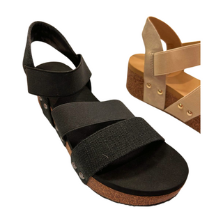 Picnic wedge sandal by Volatile in two colors, gold and black. 