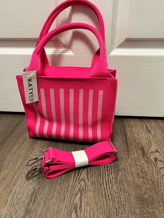 Striped structured mini tote in hot pink and mint