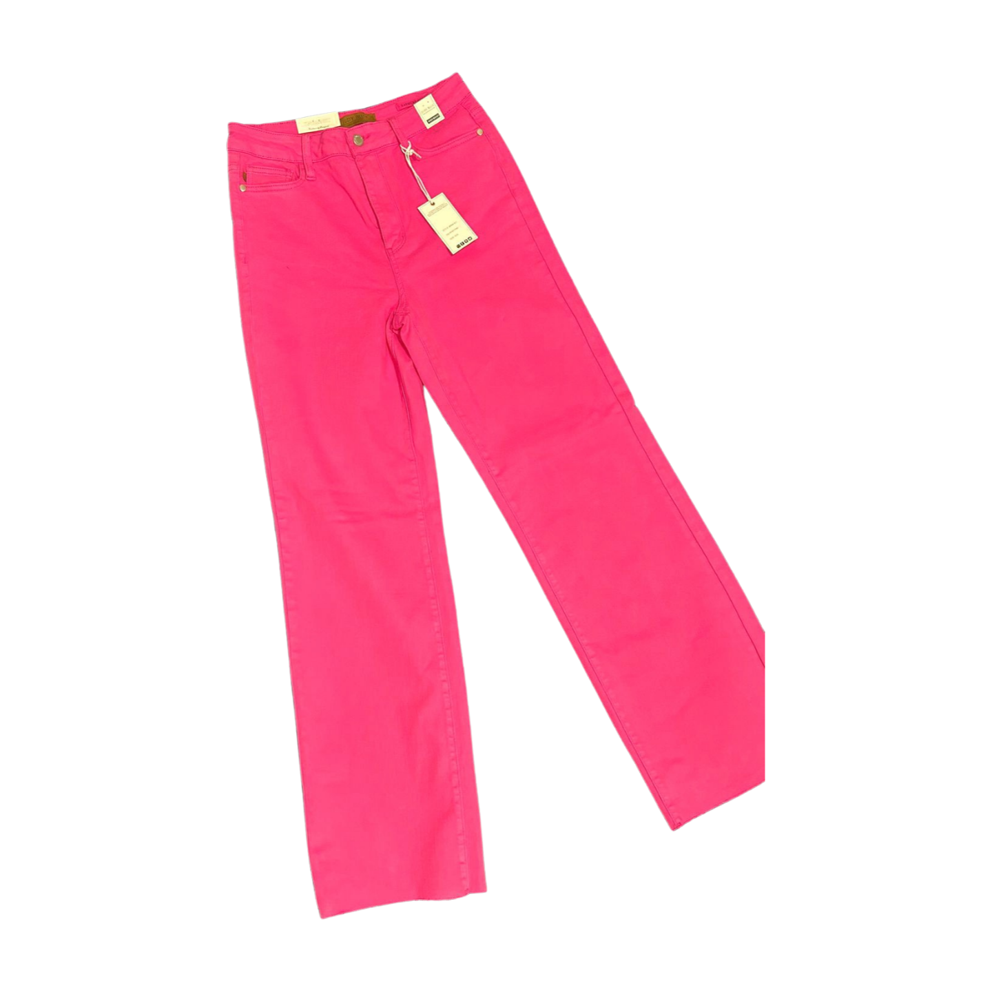 Hot pink Judy Blue garment dyed 90’s straight jeans with heart pocket detail on right back pocket and raw hem. 