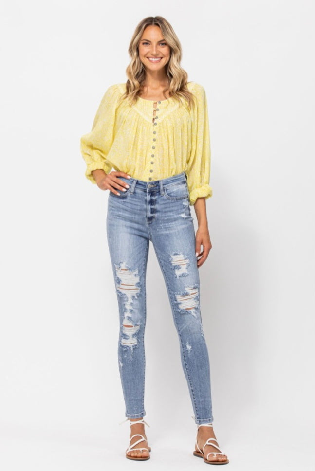 Hi-Rise Bleach Splash Destroyed Skinny Jeans