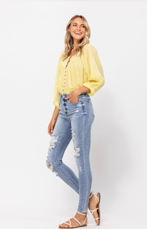 Hi-Rise Bleach Splash Destroyed Skinny Jeans