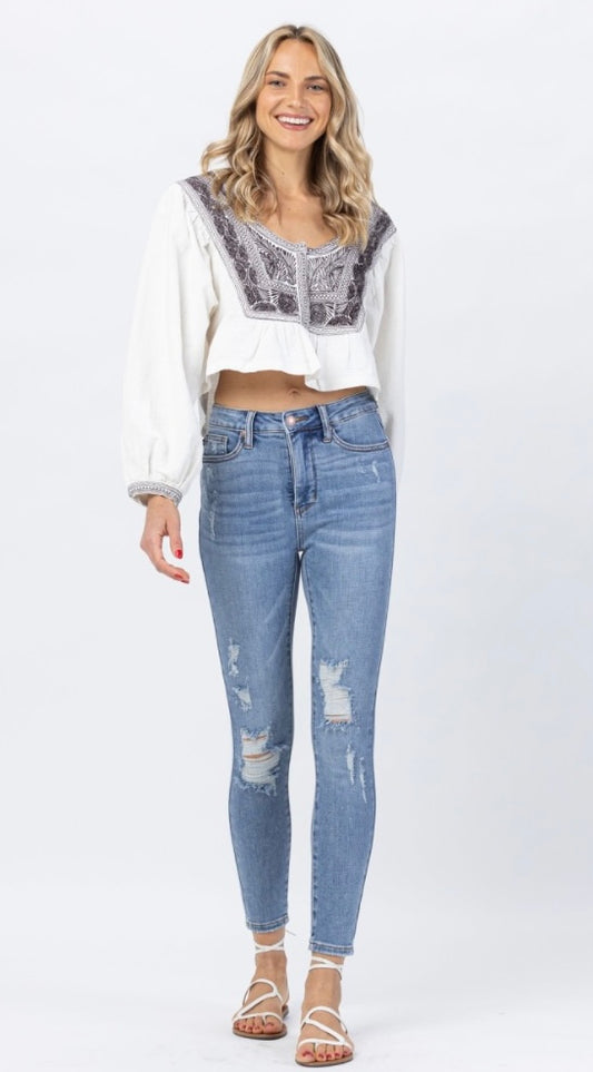Hi-Waisted Destroyed Tummy Control Skinny Jeans