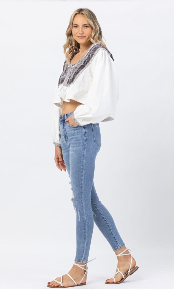 Hi-Waisted Destroyed Tummy Control Skinny Jeans