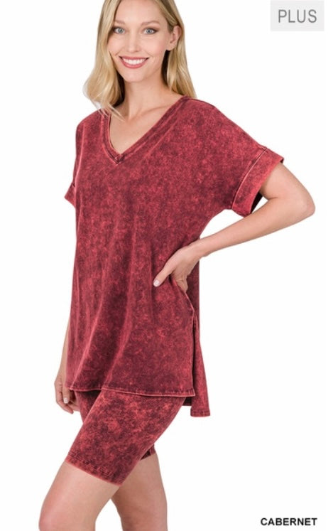 Mineral Washed V-Neck Top & Biker Shorts
