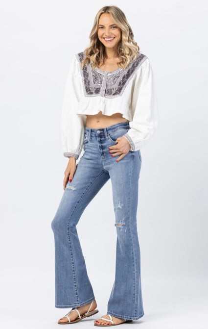 Hi-Waisted Destroyed Flare Jeans