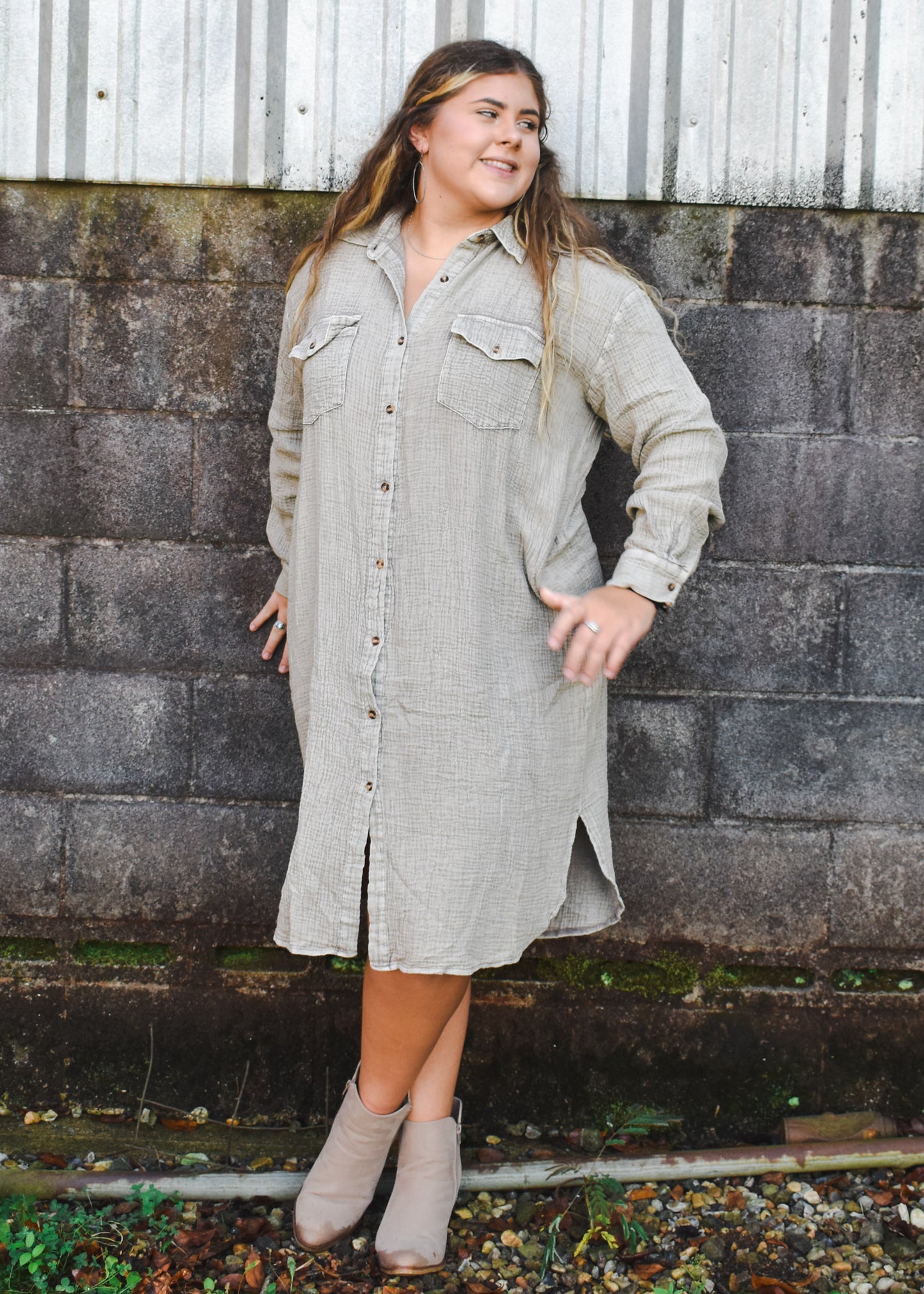 Mineral Washed Cotton Shirt Dress