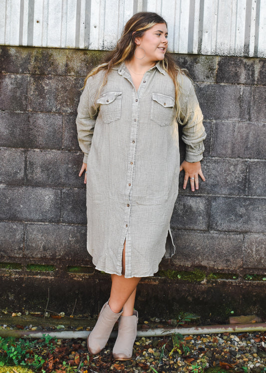 Mineral Washed Cotton Shirt Dress