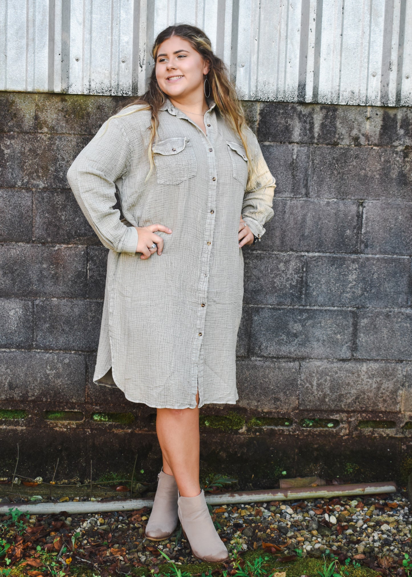Mineral Washed Cotton Shirt Dress