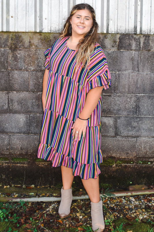 Multi Color Vertical Stripe Woven Dress